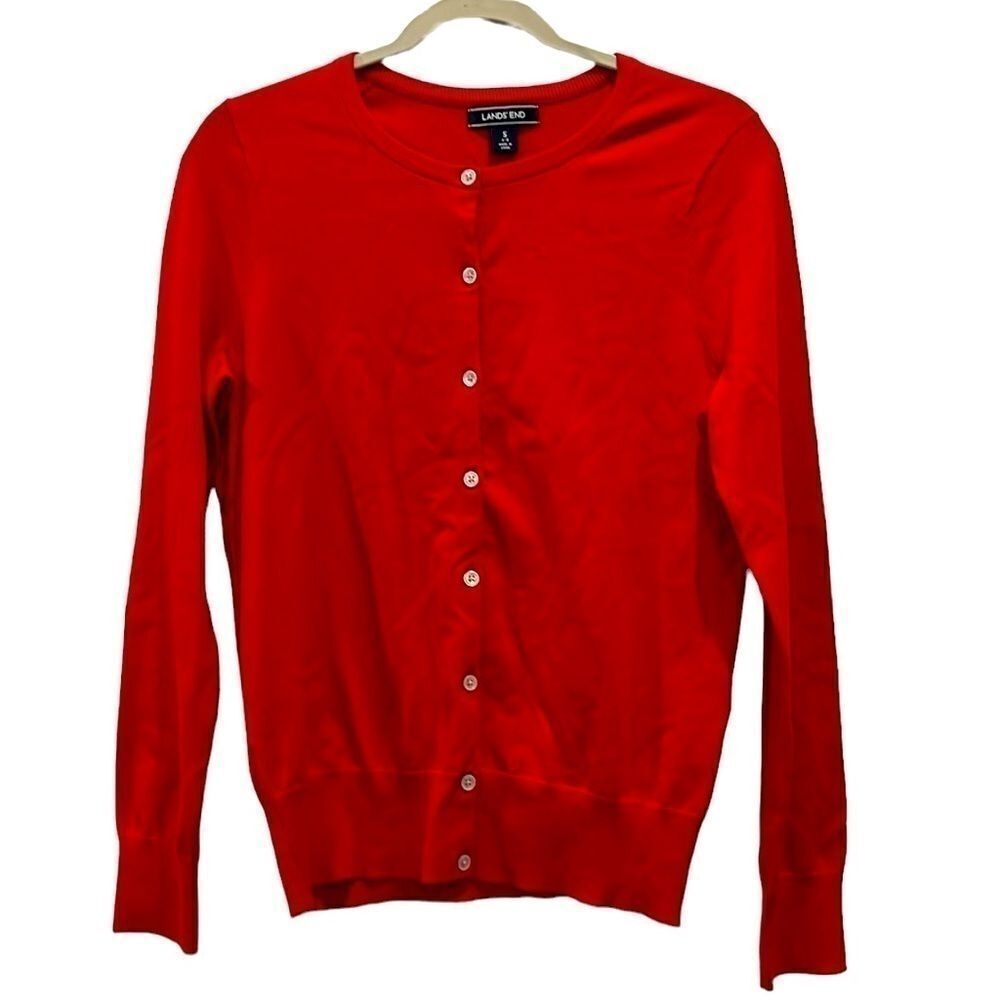 Lands End S Crewneck Button Cardigan Red Minimalist Contemporary​​​​​​​​​​​​​​